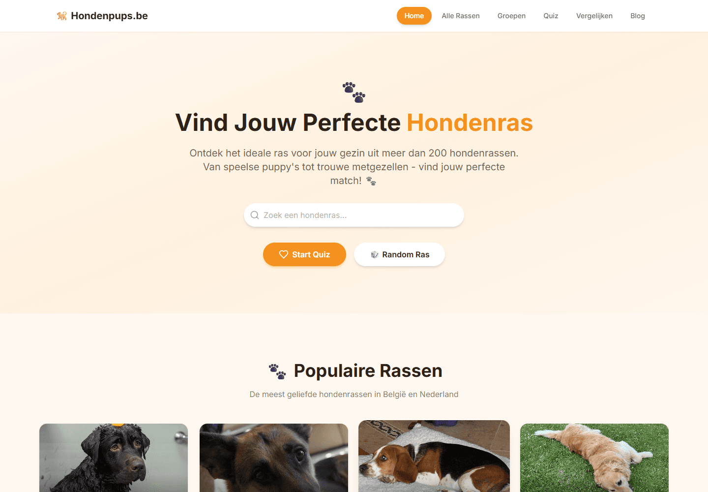 Screenshot van hondenpups.be met een rassenzoeker, quiz en populaire hondenrassen.
